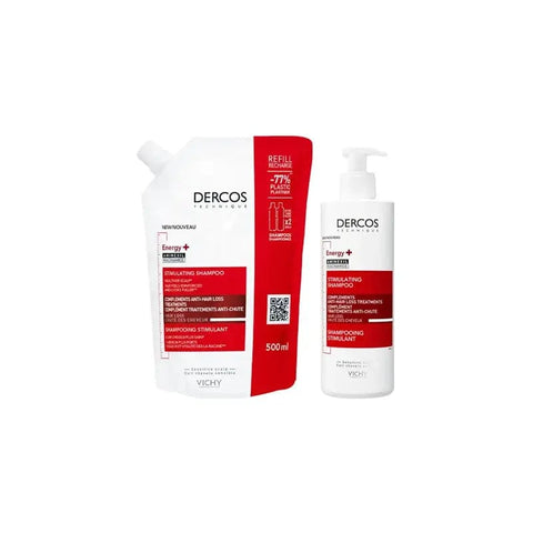 Vichy Dercos Energising Shampoo 400ml and Refill 500ml set, for scalp revitalization, shown in a two-piece set image.