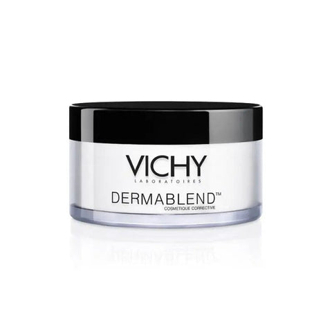 Vichy Dermablend Powder Fixer in 35ml jar, displayed with sleek packaging and product label from Jag Couture London-New York