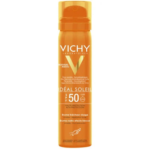 Vichy Idéal Soleil Freshness Face Mist SPF50 in 75ml bottle, with a spray nozzle, designed for refreshing and sun protection.