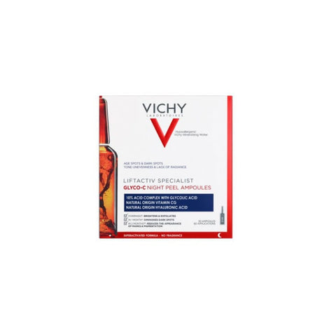 Vichy Liftactiv Specialist Glyco-C Night Peeling ampoules by Jag Couture London - New York, featuring 30 skincare ampoules for glowing skin.