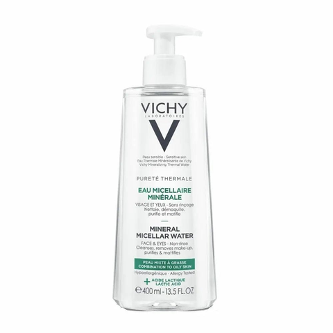 Vichy Purete Thermale Micellar Water for mixed and oily skin, 400ml bottle, suitable for gentle cleansing and makeup removal.