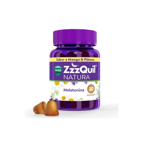 Vicks ZzzQuil Natura Melatonin Mango & Banana flavor 30-unit pack, featuring bottles of sleep aid supplement with tropical fruit flavors.