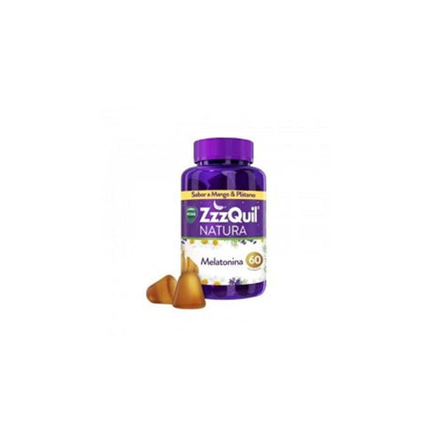 Vicks ZzzQuil Natura Melatonin Mango & Banana flavor supplement bottles, 60 units, with colorful labels and packaging.