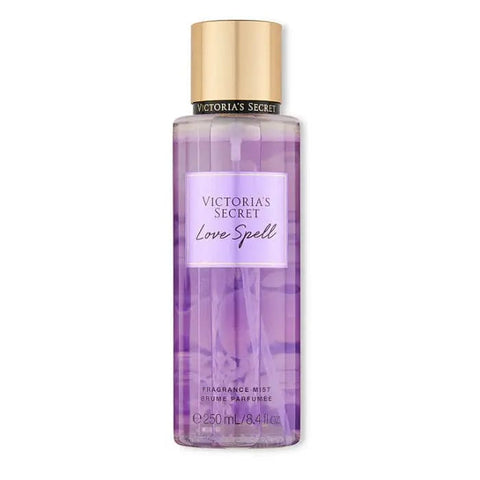 Victoria's Secret Love Spell Body Mist spray in 250ml bottle, featuring floral and fruity scent, by Jag Couture London - New York.