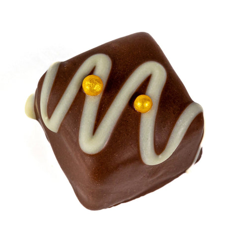 Vine Fruits rum and raisin fudge in milk chocolate with white stripe and gold balls, 19g, by Jag Couture London - New York.