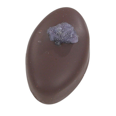 Violet fondant cream by Jag Couture London, enrobed in dark chocolate with violet-flavored piece, 10g detail