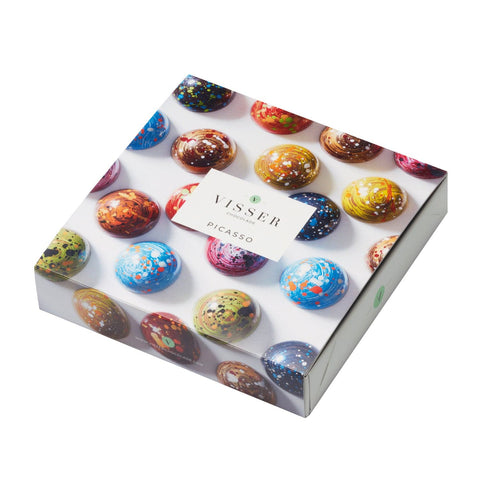 Visser square box of 9 assorted Picassos, 15x15cm, by Jag Couture London - New York, displayed in a neat box.