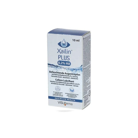 Visufarma Xailin Plus 0.2% eye drops in a 10ml bottle, shown in a clear container with packaging, by Jag Couture London New York.