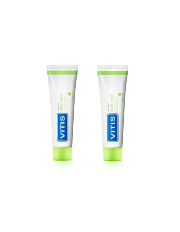 Jag Couture London Vitis Duplo Aloe Vera Apple Flavored Toothpaste 2x150ml with 75ml free, featuring aloe vera and apple flavor.