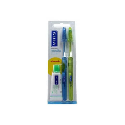 Jag Couture London Vitis toothbrush medium two-pack with 15ml Vtis toothpaste, featuring sleek design and ergonomic handles.