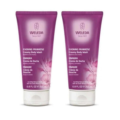 Jag Couture London New York Weleda Evening Primrose Creamy Body Wash 2x200ml bottles with soft, foaming texture and botanical ingredients.