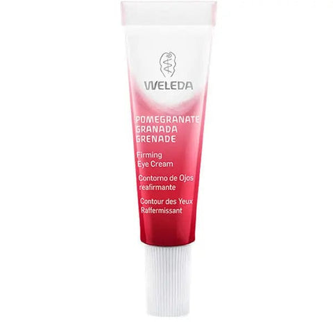 Weleda Pomegranate Firming Eye Cream in a 10ml jar, shown with packaging and product details on a clean surface.