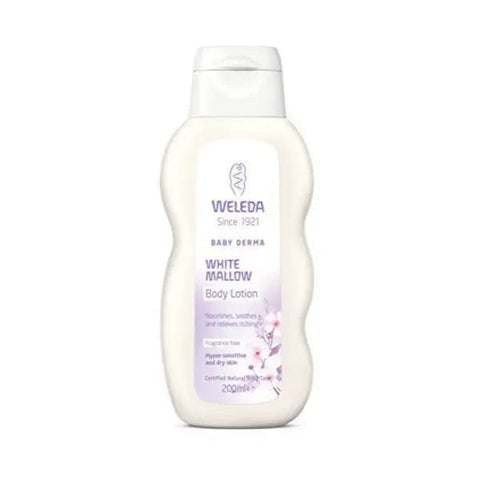 Jag Couture London New York Weleda White Mallow Body Lotion in 200ml bottle, creamy texture and calming floral scent.