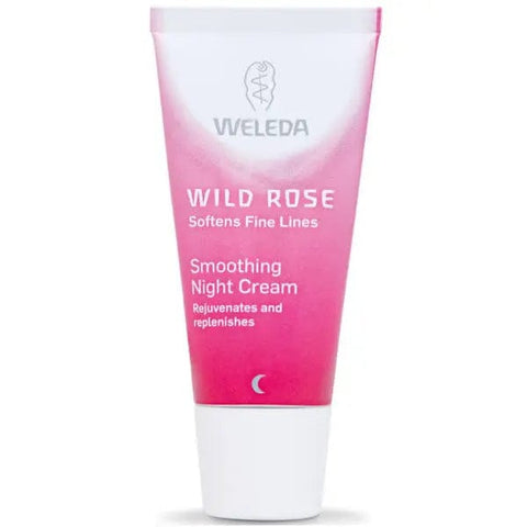 Weleda Wild Rose Smoothing Night Cream in 30ml jar, featuring a pink rose design, ideal for nourishing and smoothing skin overnight.