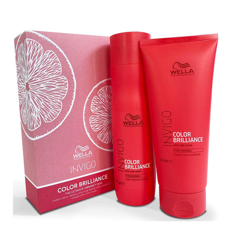 Wella Invigo Color Brilliance shampoo and conditioner duo, 1 unit each, on a white background, showcasing their packaging.
