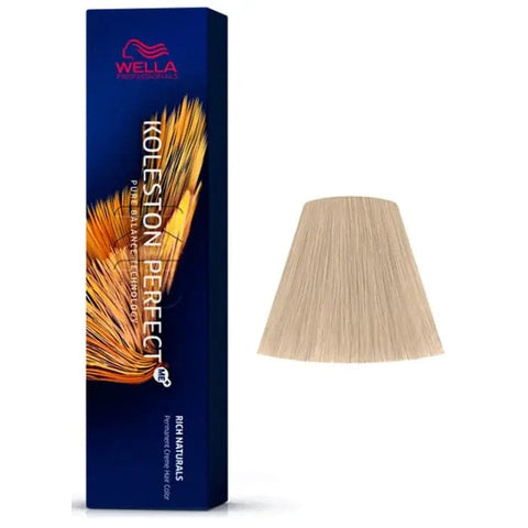 Wella Koleston Perfect Me+ 12/89 Pure Naturals hair dye in 60ml tube, shown in a professional salon setting.