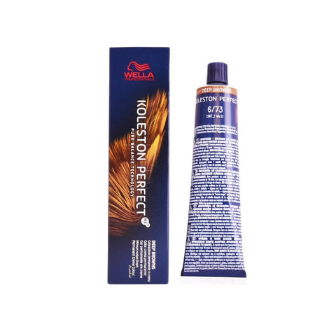 Wella Koleston Perfect Me+ 6/73 Deep Browns hair dye tube, 60ml, with packaging showing brand and product details.