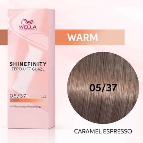 Wella Shinefinity Zero Lift Glaze Tinte 05-37 Caramel Espresso hair color from Jag Couture London, shown in a single tube.
