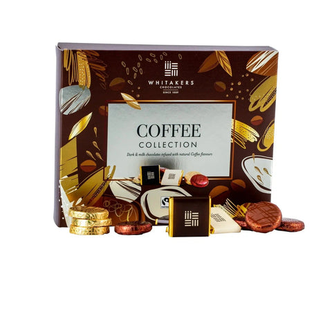 Jag Couture London - New York Whitakers dark and milk chocolate coffee assortment in a carton, featuring assorted chocolates with coffee flavor.