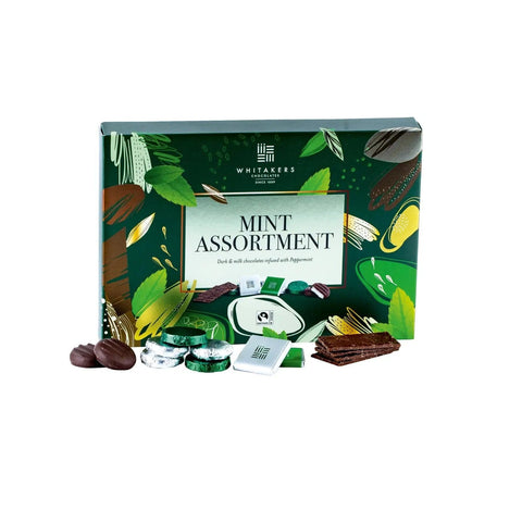 Jag Couture London New York Whitakers dark and milk chocolate mint collection in a carton, featuring assorted chocolates with mint filling.