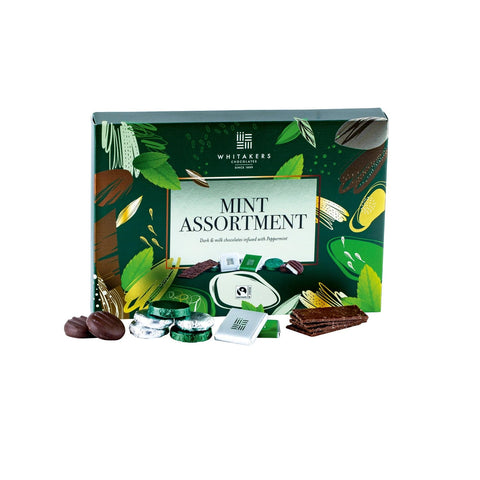 Assorted Whitakers dark and milk chocolate mint collection in a branded carton, featuring individually wrapped chocolates from Jag Couture London.