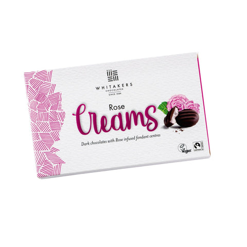 Dark chocolate-covered rose fondant creams from Whitakers in a carton, by Jag Couture London New York.