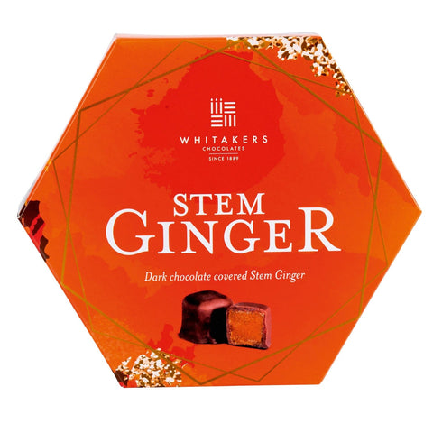 Dark chocolate-covered stem ginger in a hexagon box by Whitakers, presented by Jag Couture London New York.