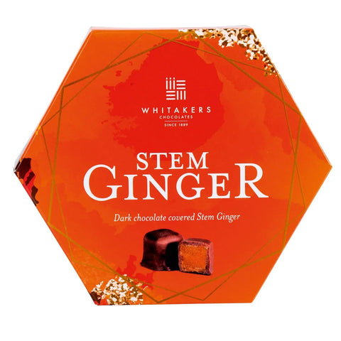 Dark chocolate covered stem ginger from Whitakers in a hexagon box, by Jag Couture London New York.