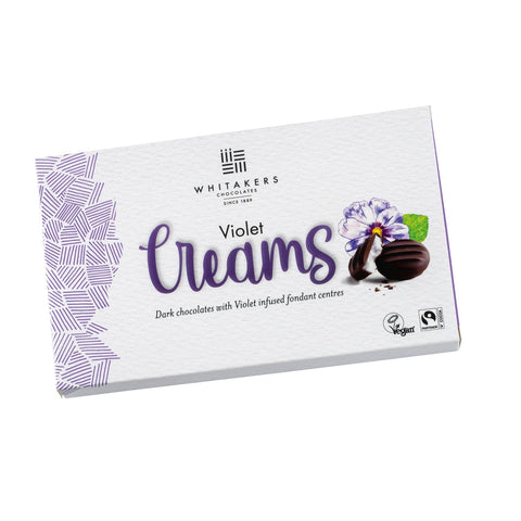 Dark chocolate covered violet fondant creams by Whitakers in a carton, from Jag Couture London - New York.