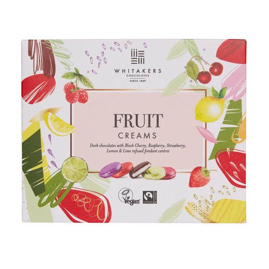 Jag Couture London - New York Whitakers foiled dark chocolate fruit creams in carton - black cherry, raspberry, strawberry, lemon & lime