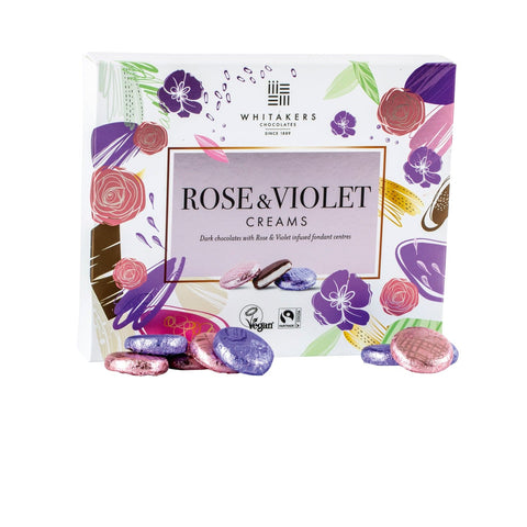 Whitakers dark chocolate rose and violet creams in foil, packaged in a carton, by Jag Couture London New York.
