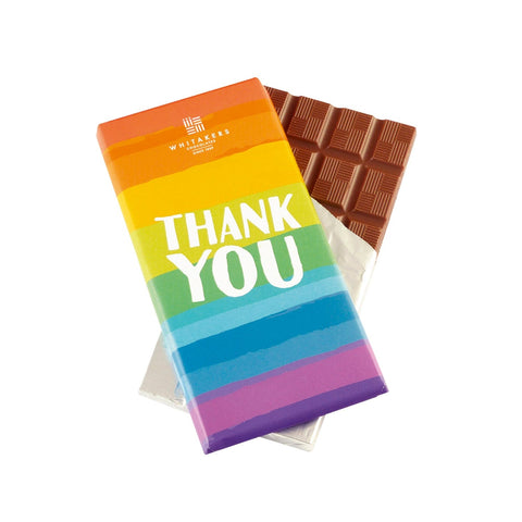Jag Couture London - New York Whitakers milk chocolate bar with Thank You wrapper, showcasing smooth milk chocolate and elegant packaging.