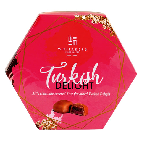 Whitakers milk chocolate-covered Turkish delight in a elegant hexagon box, by Jag Couture London-New York.