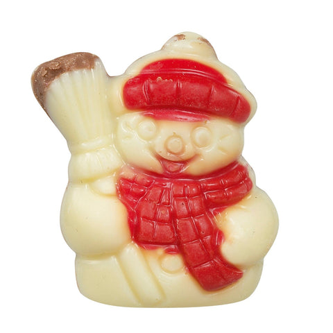 White chocolate snowman decorated with hazelnut filling, 12.5g, by Jag Couture London - New York, shown with festive detailing