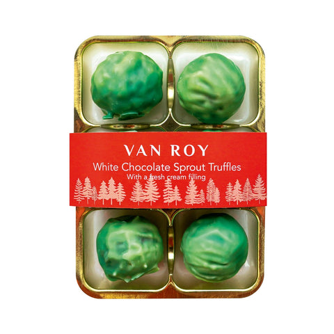White chocolate green sprouts with white chocolate and fresh cream center, packaged in a cello pack by Jag Couture London - New York.
