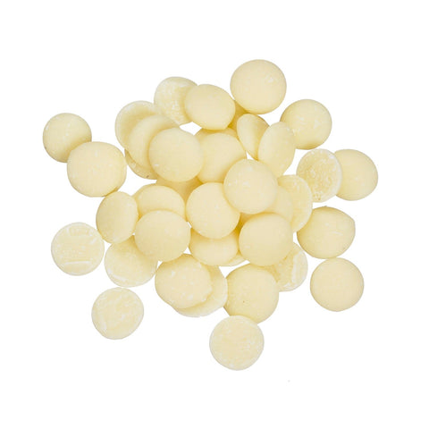 White Q2 chocolate callets from Jag Couture London, shown in a close-up image, perfect for baking and confectionery uses.