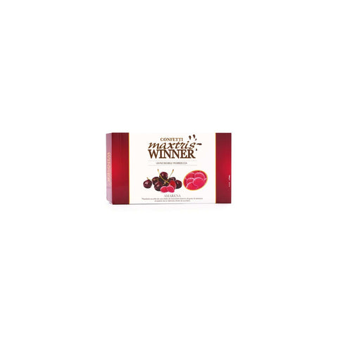 Winner Amarena toasted almonds in cherry-flavored white chocolate from Jag Couture London, displayed in sugar coating.