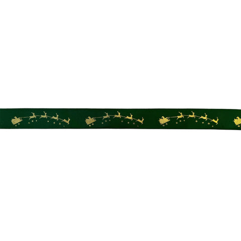 Winter green single-faced satin ribbon by Jag Couture London with gold Santa on sleigh design, ideal for holiday decorations or gift wrapping.