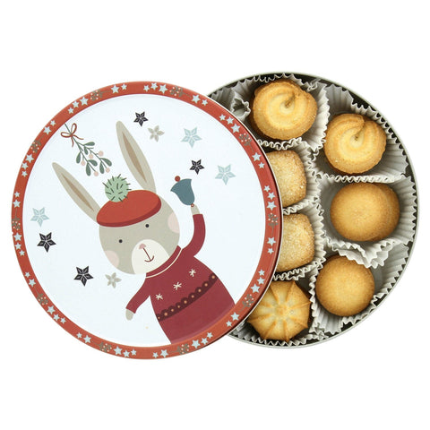 Winter woodland tins of assorted cookies by Jag Couture London and New York, featuring festive woodland designs.