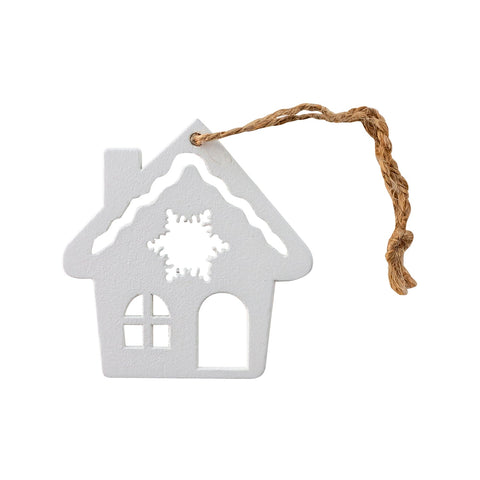 White wooden house-shaped hanger with rope loop, 5x4.8cm, by Jag Couture London - New York, ideal for organizing or decorative display.