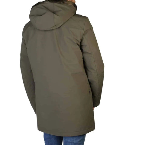 Green Woolrich Stretch Mountain jacket from Jag Couture London New York, showing the front view with detailed fabric texture.