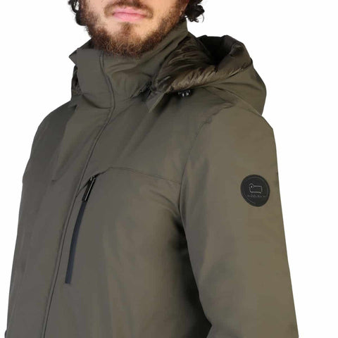 Green Woolrich Stretch Mountain 464 jacket from Jag Couture London New York, showcasing its fabric and outdoor style.