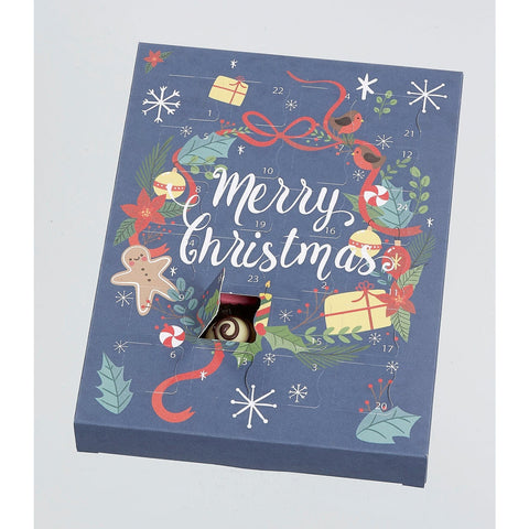 Wreath design empty advent calendar by Jag Couture London New York, 24 chocolate compartments, decorative holiday countdown display.