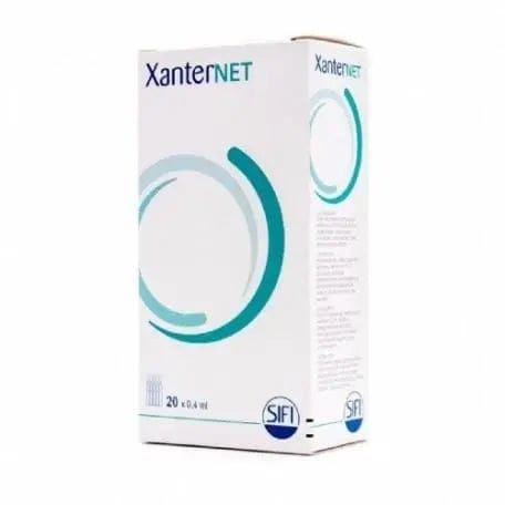 Xanternet Gel Oftalmológico by Sifi in 20 monodosis of 0.4ml each, shown in individual sterile eye gel sachets.