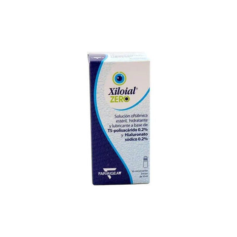 Jag Couture London Xiloal Xiloial Zero ophthalmic solution 10ml, clear eye drop bottle with dropper cap and label.