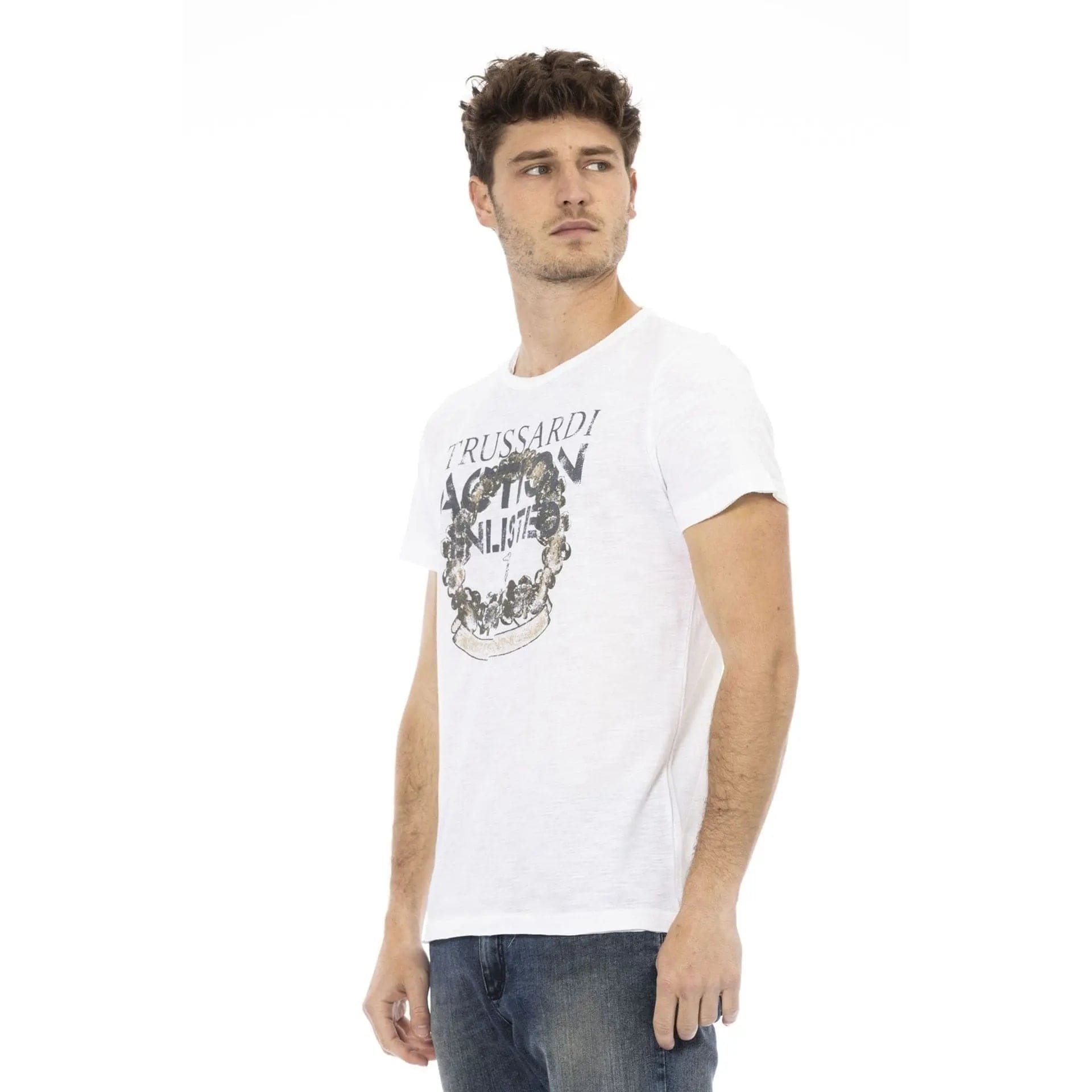 White Trussardi Action sneaker by Jag Couture London New York, showcasing the stylish design and brand logo.