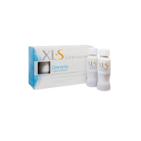 Xls Medical Xls Cure Intense Drain supplement in 10 vials, by Jag Couture London New York, displayed in a clear container.