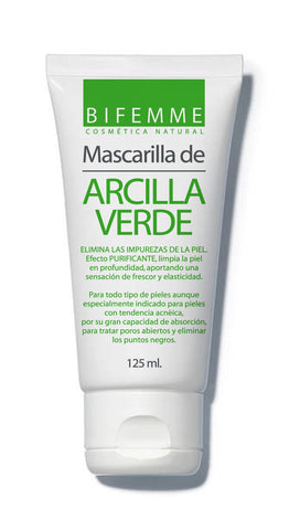 Green clay product bottle from Ynsadiet, 125ml, with Bifemme branding, featuring a sleek container and label.