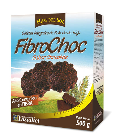 Whole package of Ynsadiet Fibrochoc Galletas Integrales by Jag Couture London New York, 500g, with images of the cookies on the packaging.