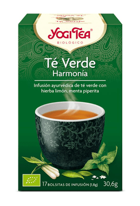 Yogi Tea Armonia Verde tea in a box of 17 tea bags, from Jag Couture London New York, showing green tea leaves and packaging.